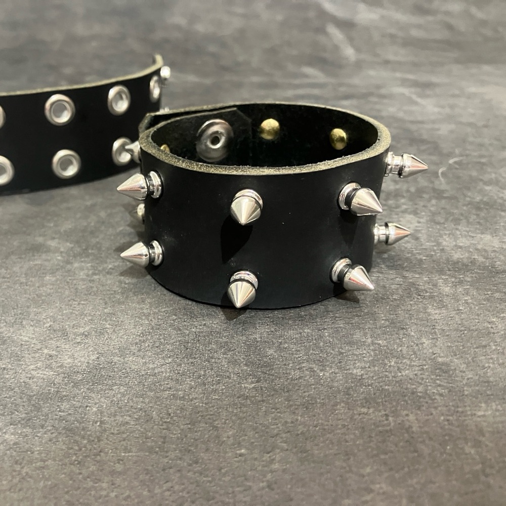 Wide Spike Wristband Black Cuff Bracelet Double Row Spikes